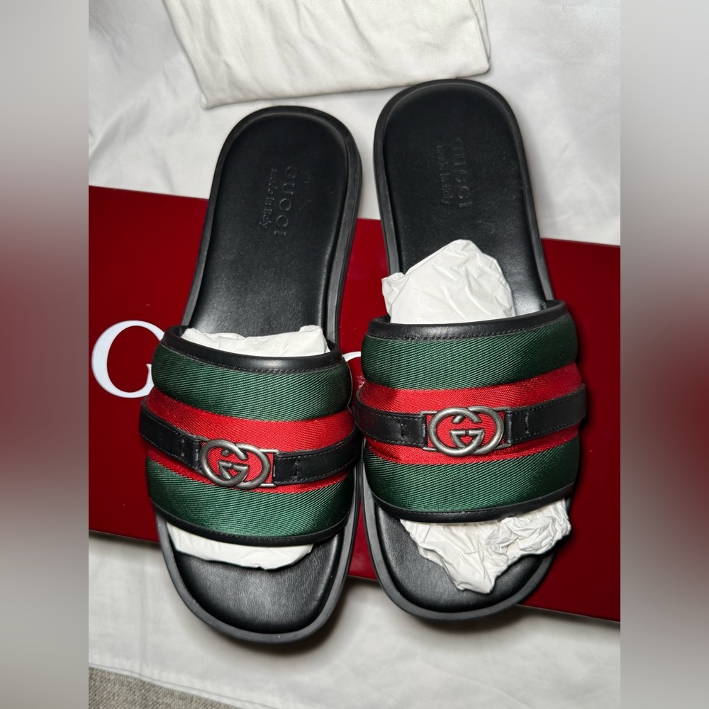 Gucci Black Slides with Green and Red Stripes